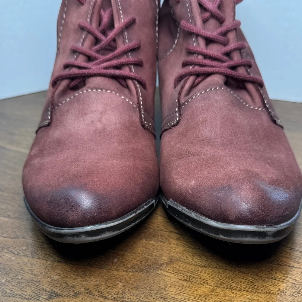 Tamaris Womens Burgundy Red Leather Lace-Up Ankle Heeled Boots, sz 40